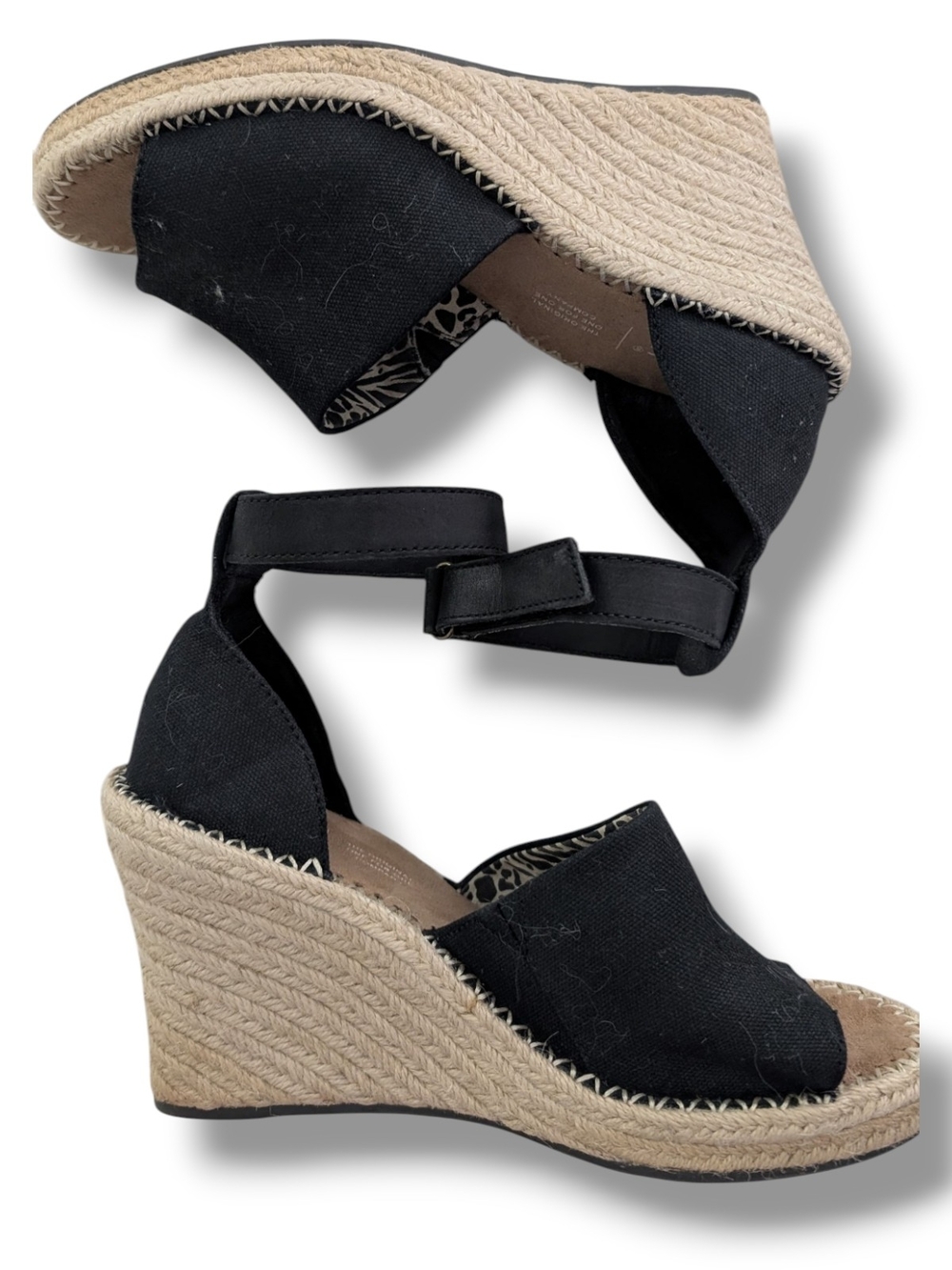 Toms Marisol Black Espadrille Wedge Sandals with Ankle Strap, Size 6